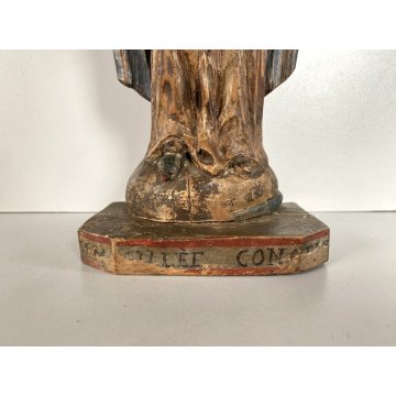 ANTICA SCULTURA Maria Immacolata 33 cm/h LEGNO DIPINTO PIEDE GLOBO SERPE XVIII