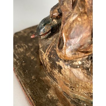 ANTICA SCULTURA Maria Immacolata 33 cm/h LEGNO DIPINTO PIEDE GLOBO SERPE XVIII