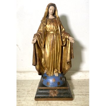 ANTICA SCULTURA CARTAPESTA POLICROMA MARIA IMMACOLATA VESTE DORATA GLOBO SERPE