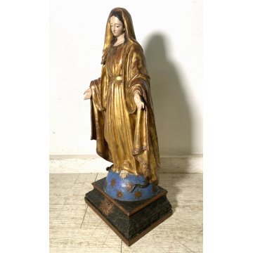 ANTICA SCULTURA CARTAPESTA POLICROMA MARIA IMMACOLATA VESTE DORATA GLOBO SERPE