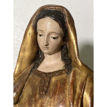 ANTICA SCULTURA CARTAPESTA POLICROMA MARIA IMMACOLATA VESTE DORATA GLOBO SERPE