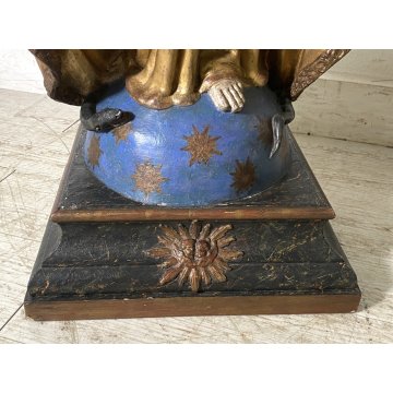 ANTICA SCULTURA CARTAPESTA POLICROMA MARIA IMMACOLATA VESTE DORATA GLOBO SERPE