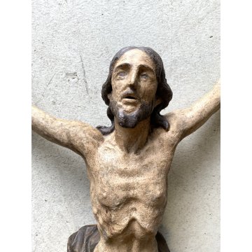 ANTICO CORPUS CHRISTI CRISTO CROCIFISSO 80cm/h LEGNO SCOLPITO DIPINTO EPOCA '600