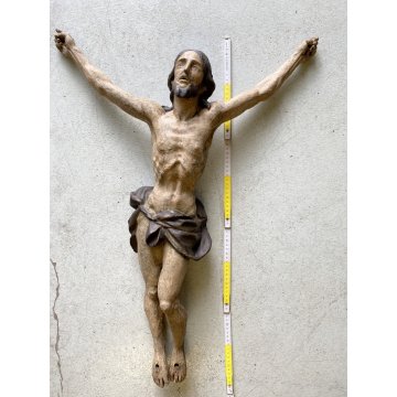 ANTICO CORPUS CHRISTI CRISTO CROCIFISSO 80cm/h LEGNO SCOLPITO DIPINTO EPOCA '600
