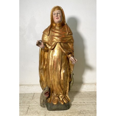 ANTICA SCULTURA SANTA MONACA DRAGO LEGNO SCOLPITO DIPINTO DORATO 102 cm/h '600