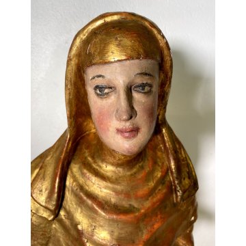 ANTICA SCULTURA SANTA MONACA DRAGO LEGNO SCOLPITO DIPINTO DORATO 102 cm/h '600