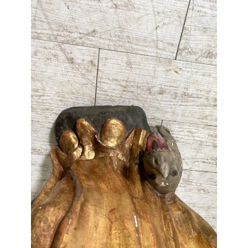 ANTICA SCULTURA SANTA MONACA DRAGO LEGNO SCOLPITO DIPINTO DORATO 102 cm/h '600