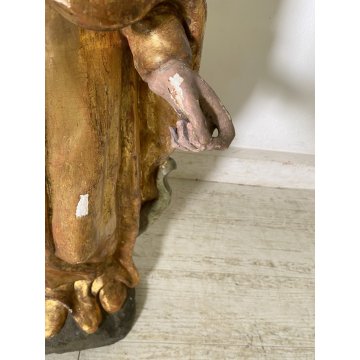ANTICA SCULTURA SANTA MONACA DRAGO LEGNO SCOLPITO DIPINTO DORATO 102 cm/h '600