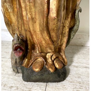 ANTICA SCULTURA SANTA MONACA DRAGO LEGNO SCOLPITO DIPINTO DORATO 102 cm/h '600