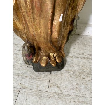 ANTICA SCULTURA SANTA MONACA DRAGO LEGNO SCOLPITO DIPINTO DORATO 102 cm/h '600