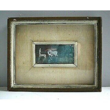 ANTICO DIPINTO TEMPERA SU TAVOLA FIRMATO CAVALLI BLU AZZURRO BIANCO metà '900