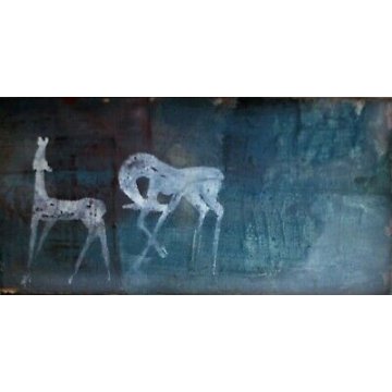 ANTICO DIPINTO TEMPERA SU TAVOLA FIRMATO CAVALLI BLU AZZURRO BIANCO metà '900