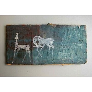 ANTICO DIPINTO TEMPERA SU TAVOLA FIRMATO CAVALLI BLU AZZURRO BIANCO metà '900