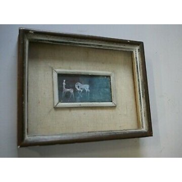 ANTICO DIPINTO TEMPERA SU TAVOLA FIRMATO CAVALLI BLU AZZURRO BIANCO metà '900