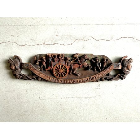 ANTICA CHIAVE CARRO SICILIANO FREGIO LEGNO SCOLPITO BASSORILIEVO POLICROMO '900