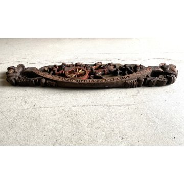 ANTICA CHIAVE CARRO SICILIANO FREGIO LEGNO SCOLPITO BASSORILIEVO POLICROMO '900