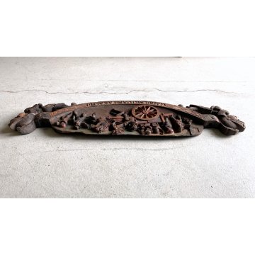 ANTICA CHIAVE CARRO SICILIANO FREGIO LEGNO SCOLPITO BASSORILIEVO POLICROMO '900