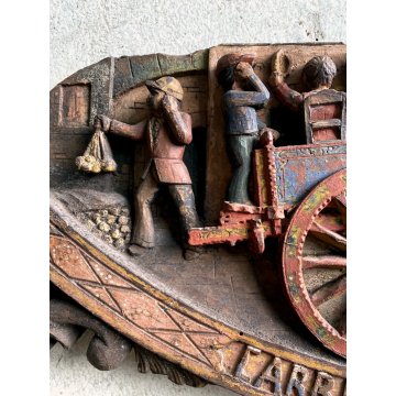 ANTICA CHIAVE CARRO SICILIANO FREGIO LEGNO SCOLPITO BASSORILIEVO POLICROMO '900