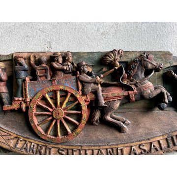 ANTICA CHIAVE CARRO SICILIANO FREGIO LEGNO SCOLPITO BASSORILIEVO POLICROMO '900