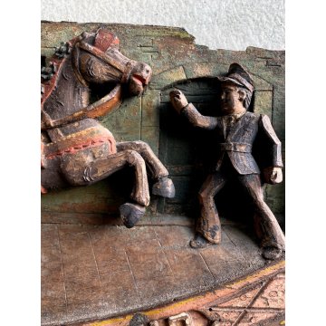 ANTICA CHIAVE CARRO SICILIANO FREGIO LEGNO SCOLPITO BASSORILIEVO POLICROMO '900