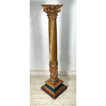 ANTICA COLONNA ESPOSITORE EPOCA 1600 LEGNO FOGLIA ORO TRESPOLO PORTA STATUA