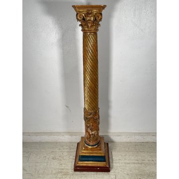 ANTICA COLONNA ESPOSITORE EPOCA 1600 LEGNO FOGLIA ORO TRESPOLO PORTA STATUA