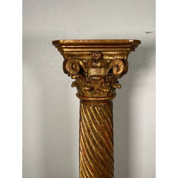 ANTICA COLONNA ESPOSITORE EPOCA 1600 LEGNO FOGLIA ORO TRESPOLO PORTA STATUA