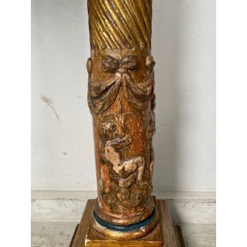 ANTICA COLONNA ESPOSITORE EPOCA 1600 LEGNO FOGLIA ORO TRESPOLO PORTA STATUA