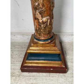 ANTICA COLONNA ESPOSITORE EPOCA 1600 LEGNO FOGLIA ORO TRESPOLO PORTA STATUA