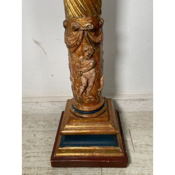 ANTICA COLONNA ESPOSITORE EPOCA 1600 LEGNO FOGLIA ORO TRESPOLO PORTA STATUA