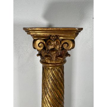 ANTICA COLONNA ESPOSITORE EPOCA 1600 LEGNO FOGLIA ORO TRESPOLO PORTA STATUA