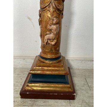 ANTICA COLONNA ESPOSITORE EPOCA 1600 LEGNO FOGLIA ORO TRESPOLO PORTA STATUA