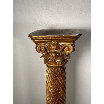 ANTICA COLONNA ESPOSITORE EPOCA 1600 LEGNO FOGLIA ORO TRESPOLO PORTA STATUA