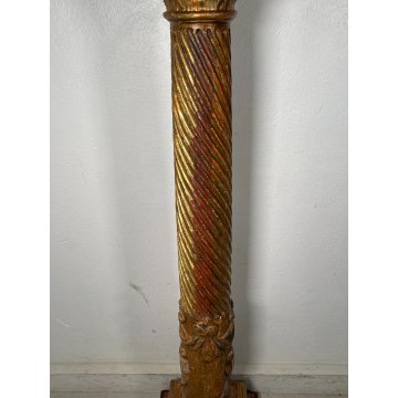 ANTICA COLONNA ESPOSITORE EPOCA 1600 LEGNO FOGLIA ORO TRESPOLO PORTA STATUA