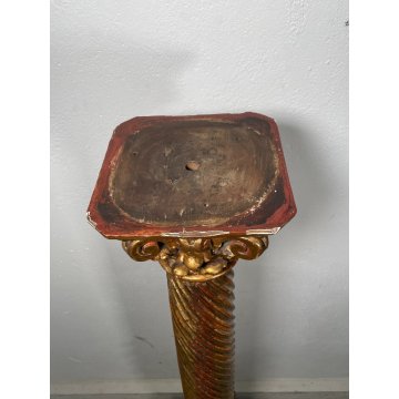 ANTICA COLONNA ESPOSITORE EPOCA 1600 LEGNO FOGLIA ORO TRESPOLO PORTA STATUA