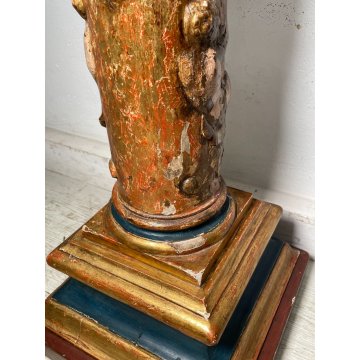 ANTICA COLONNA ESPOSITORE EPOCA 1600 LEGNO FOGLIA ORO TRESPOLO PORTA STATUA