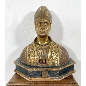 ANTICA SCULTURA RELIQUIARIO BUSTO San Gennaro LEGNO SCOLPITO DORATO AMPOLLE '600