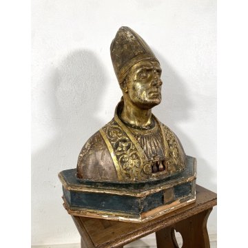 ANTICA SCULTURA RELIQUIARIO BUSTO San Gennaro LEGNO SCOLPITO DORATO AMPOLLE '600