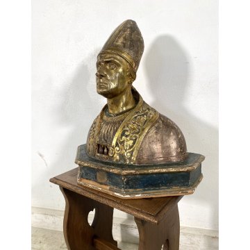 ANTICA SCULTURA RELIQUIARIO BUSTO San Gennaro LEGNO SCOLPITO DORATO AMPOLLE '600