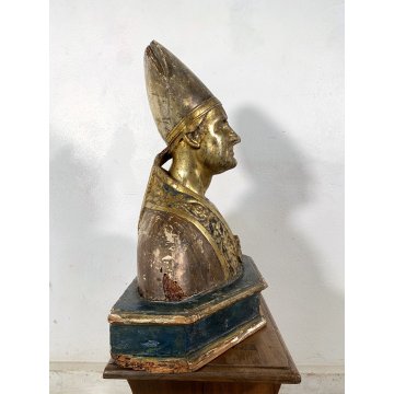 ANTICA SCULTURA RELIQUIARIO BUSTO San Gennaro LEGNO SCOLPITO DORATO AMPOLLE '600
