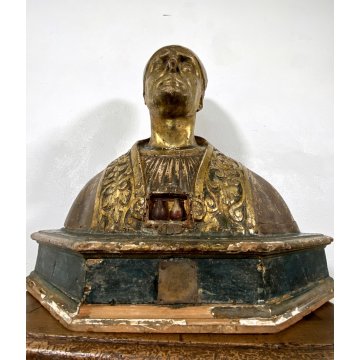ANTICA SCULTURA RELIQUIARIO BUSTO San Gennaro LEGNO SCOLPITO DORATO AMPOLLE '600