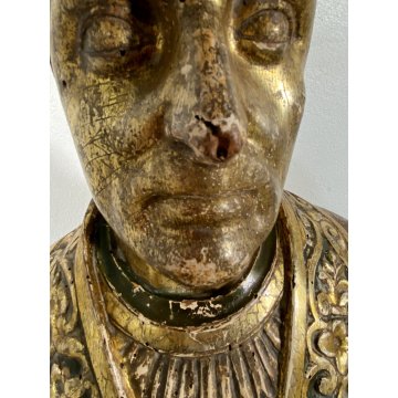 ANTICA SCULTURA RELIQUIARIO BUSTO San Gennaro LEGNO SCOLPITO DORATO AMPOLLE '600