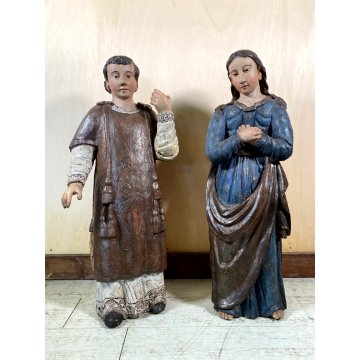 ANTICA COPPIA FIGURA SANTA SANTO SCULTURA LEGNO INTAGLIATO POLICROMO 78cm/h '600