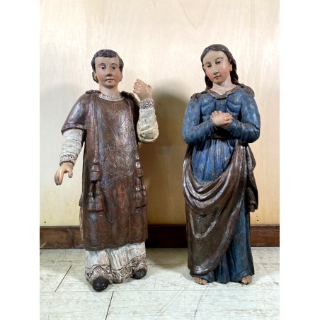 ANTICA COPPIA FIGURA SANTA SANTO SCULTURA LEGNO INTAGLIATO POLICROMO 78cm/h '600