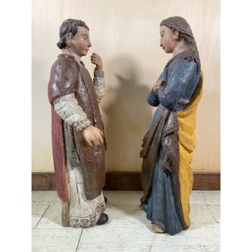 ANTICA COPPIA FIGURA SANTA SANTO SCULTURA LEGNO INTAGLIATO POLICROMO 78cm/h '600