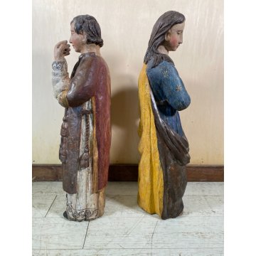 ANTICA COPPIA FIGURA SANTA SANTO SCULTURA LEGNO INTAGLIATO POLICROMO 78cm/h '600
