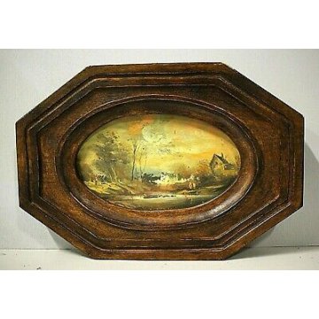 ANTICO DIPINTO OLIO RAMINO PAESAGGIO NORDICO G.Chabert CHALET LAGO FIGURE '900