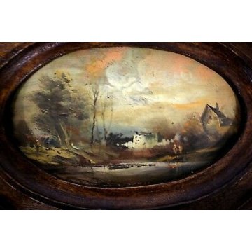 ANTICO DIPINTO OLIO RAMINO PAESAGGIO NORDICO G.Chabert CHALET LAGO FIGURE '900