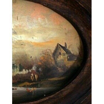 ANTICO DIPINTO OLIO RAMINO PAESAGGIO NORDICO G.Chabert CHALET LAGO FIGURE '900