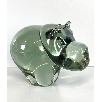 SCULTURA FIGURA ANIMALE IPPOPOTAMO VETRO Murano VERDE CRYSTAL HIPPOPOTAMUS 13 cm